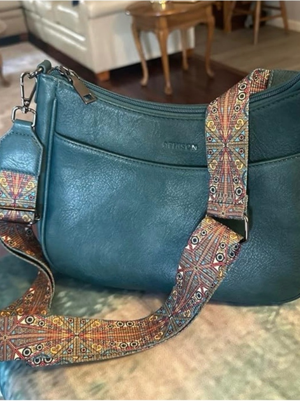 Teal Shoulder Bag with Detachable Patterned Strap - Picture 2 of 5